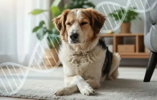 dog lying on a rug with DNA helix overlay