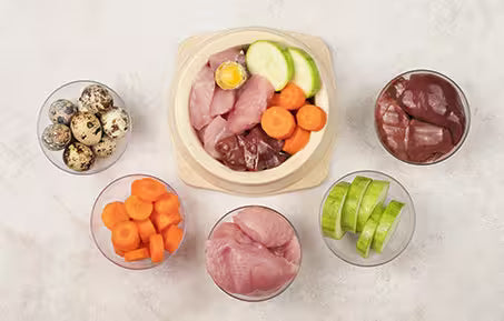 Raw pet food ingredients featuring chicken, organ meats, vegetables, and quail eggs prepared for a balanced meal.