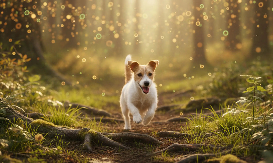 A joyful dog running through a sunlit forest path, symbolizing restored gut health, vitality, and natural balance