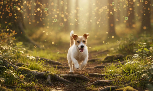 A joyful dog running through a sunlit forest path, symbolizing restored gut health, vitality, and natural balance