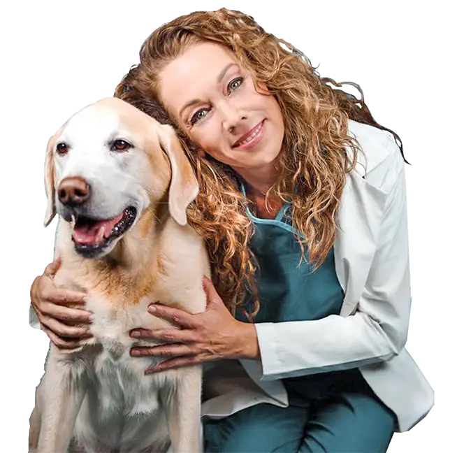 Dr. Becker with Dog in vet uniform