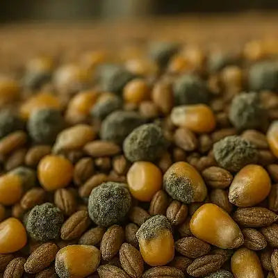Corn and wheat kernels with visible mold growth